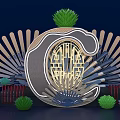 Ornamental C Shaped Decorative Design With Chinese Lattice Pattern Fan Shaped Decorations And Green Plants