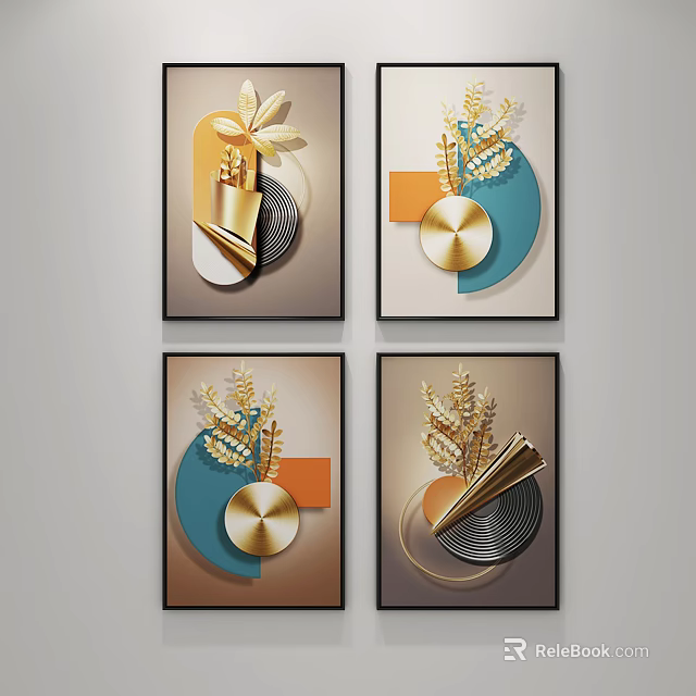 Modern Decorative Wall Art With Golden Wheat Ears And Geometric Shapes 3d model 