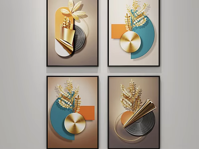 Modern Decorative Wall Art With Golden Wheat Ears And Geometric Shapes 3d model