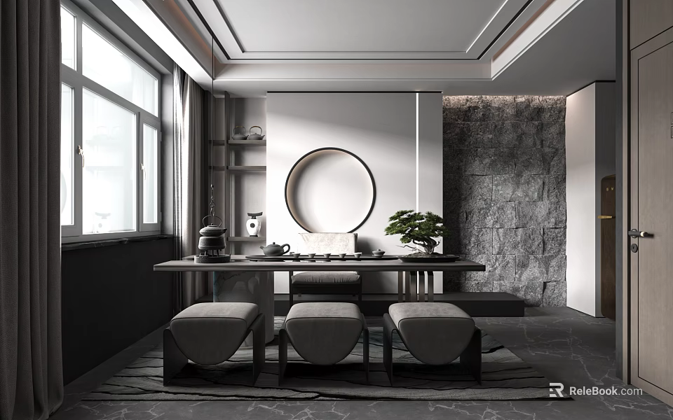Modern Tea Room Interior Design With Long Table Stools Round Mirror And Stone Wall 3d model