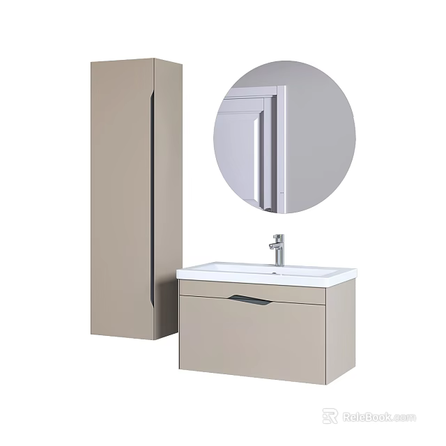 Modern Bathroom Washbasin Cabinet with Storage and Round Mirror 3d model 