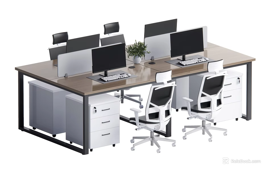 Modern Office Desk Setup With Multiple Monitors Office Chairs Drawer Cabinets And Potted Plant 3d model 