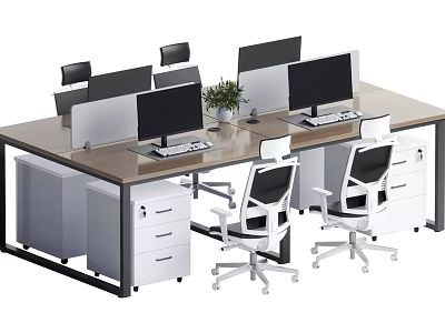 Modern Office Desk Setup With Multiple Monitors Office Chairs Drawer Cabinets And Potted Plant 3d model