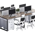 Modern Office Desk Setup With Multiple Monitors Office Chairs Drawer Cabinets And Potted Plant