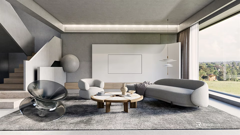 Modern Living Room With Sofa Armchair Coffee Table And Wall Art 3d model 