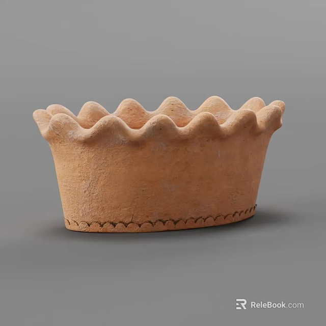 Rustic Terracotta Bonsai Pot With Scalloped Edge And Decorative Base Details 3d model 
