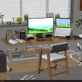 Bright Wooden Desk and Chair Set for Home Office with Two Monitors and Green Plants