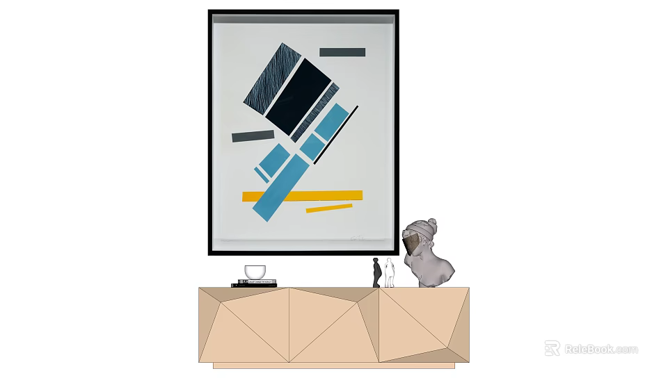 Abstract Geometric Painting On Wall With Light Colored Cabinet And Sculpture 3d model 