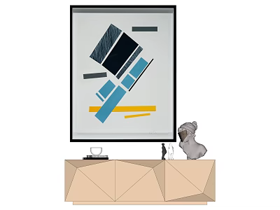 Abstract Geometric Painting On Wall With Light Colored Cabinet And Sculpture 3d model