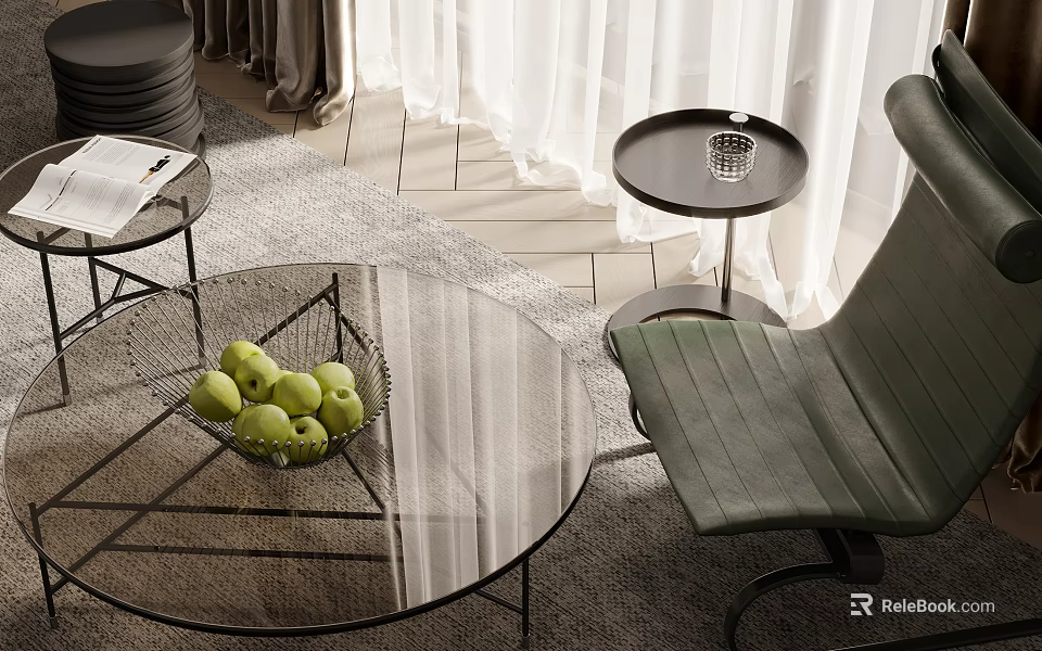 Modern Gray Leather Sofa And Glass Coffee Table With Metal Frame Fruit Bowl On Rug 3d model 