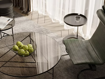Modern Gray Leather Sofa And Glass Coffee Table With Metal Frame Fruit Bowl On Rug 3d model