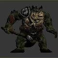 Fierce Green Skinned Fantasy Monster With Spiked Armor Battle Axe And Blood Stains