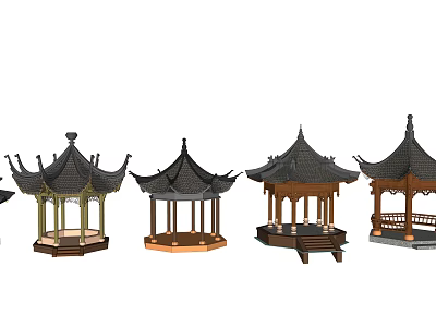 Four Various Traditional Chinese Pavilions With Classic Architectural Designs And Wooden Frames 3d model