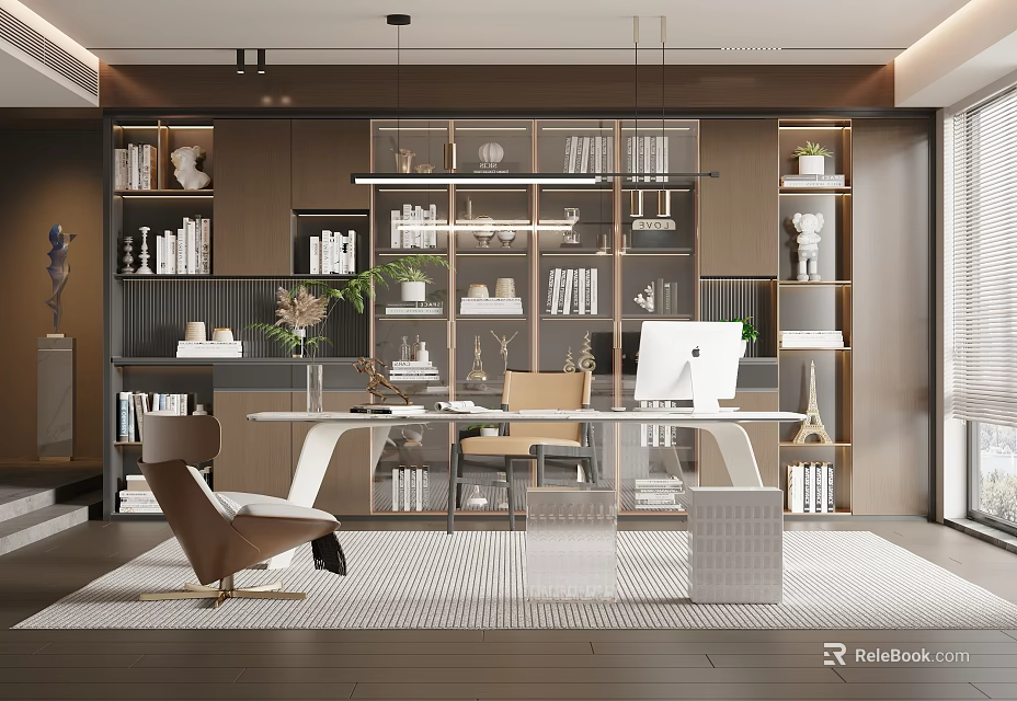 Modern Study Room Interior With Wooden Bookshelves Glass Desk Leather Chair Computer And Green Plants 3d model 