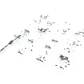 Military Model Parts Scattered On White Background With Various Detailed Components