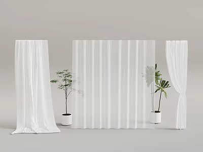 Stylish White Curtains Indoor Decor With Potted Plants And Sheer Fabric 3d model
