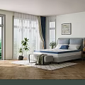 White Mattress With Blue Trim Quilted Surface On Grey Headboard Bed Frame
