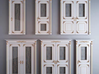 Elegant Classical Double Doors With White Frame Gold Accents And Patterned Glass Panels 3d model