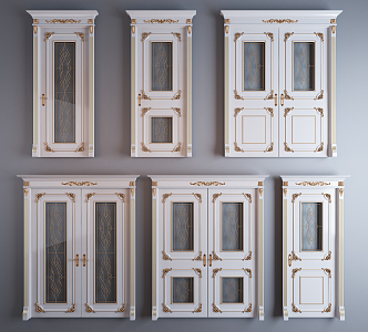 European-style double-door gold carving paint room door glass door combination 3d model