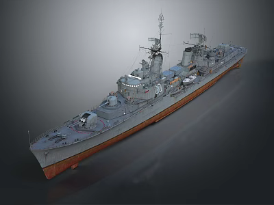 Detailed Warship 3D Model With Gray Hull Orange Bottom Turret And Antenna Structures 3d model