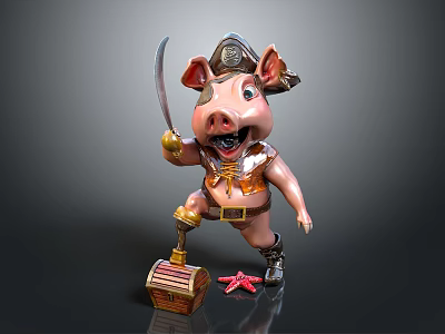 Pirate Pig Statue Holding Sword Dressed in Pirate Costume Standing on Treasure Chest With Starfish 3d model