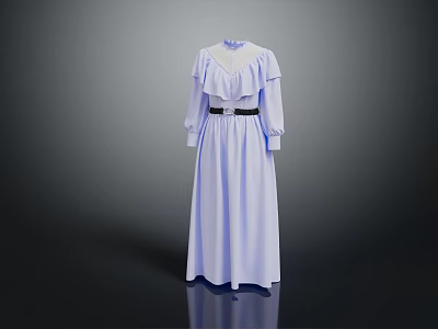 Elegant Light Blue Long Dress With Ruffle Collar And Black Belt 3d model