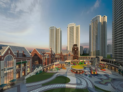 Vibrant Commercial Street With High-Rise Buildings Low-Rise Shops Plaza Playground And Green Areas 3d model