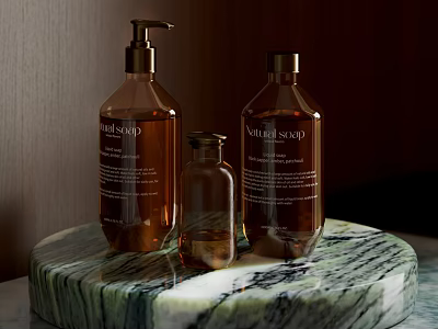Natural Soap Bottles Display On Marble Countertop With Wooden Background 3d model