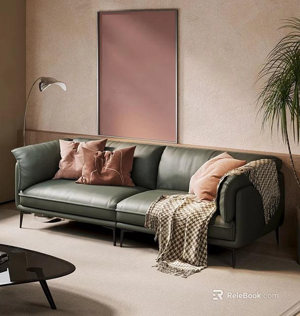 Green Two Seater Sofa With Pink Cushions And Plaid Blanket In Modern Living Space 3d model 