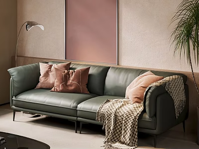 Green Two Seater Sofa With Pink Cushions And Plaid Blanket In Modern Living Space 3d model