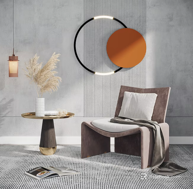 Modern Leisure Accent Chair With Gray Textured Wall Circular Decor Side Table And Patterned Rug 3d model