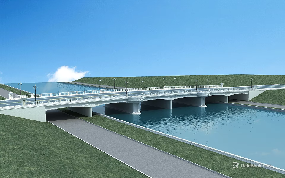 Scenic Bridge With Lampposts Over Calm Water Green Grass Path And Blue Sky 3d model 