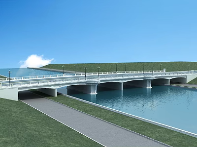 Scenic Bridge With Lampposts Over Calm Water Green Grass Path And Blue Sky 3d model