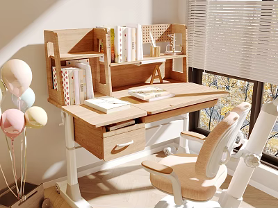 Wooden Desk with Bookshelf and Books Near Window Featuring Natural Light and Chair 3d model