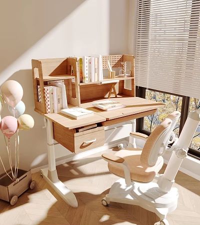 Wooden Desk with Bookshelf and Books Near Window Featuring Natural Light and Chair 3d model