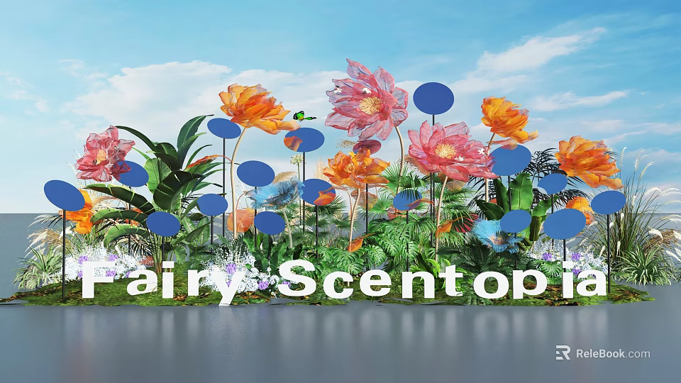 Vibrant Floral Installation with Pink Orange Flowers Blue Circular Decor and Fairy Scentopia 3d model 