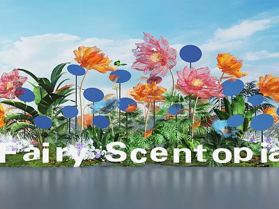 Vibrant Floral Installation with Pink Orange Flowers Blue Circular Decor and Fairy Scentopia 3d model