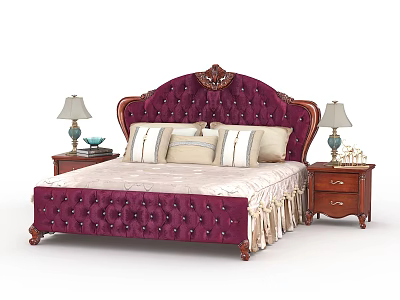 Luxurious Purple Velvet Tufted Double Bed With Carved Headboard Wooden Bedside Tables And Table Lamps 3d model