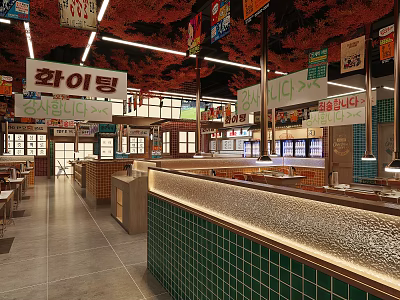 Vibrant Restaurant Interior With Colorful Hanging Signs Green Tile Counter And Wooden Seating 3d model