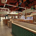 Vibrant Restaurant Interior With Colorful Hanging Signs Green Tile Counter And Wooden Seating
