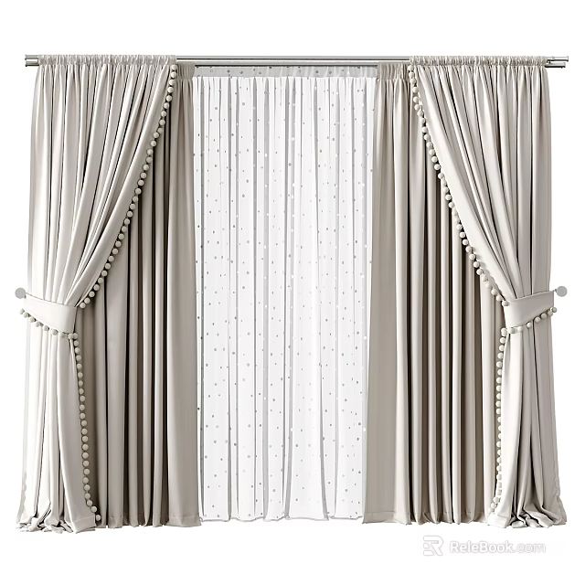 Elegant Light Beige Curtains With Sheer Panels And Tassel Tiebacks Design 3d model 