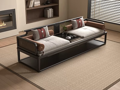 Modern Chinese Daybed With Wicker Frame Gray Red Cushions Tea Set On Woven Rug 3d model