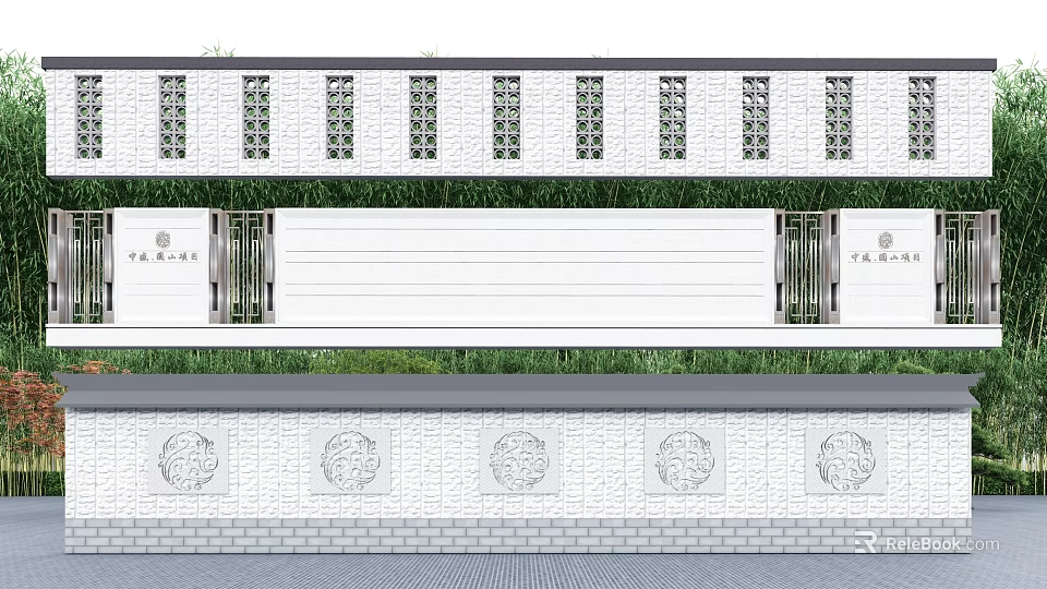 Traditional Feature Wall Design With Grilles White Panels Entrance Doors Green Plants And Decorative Patterns 3d model 