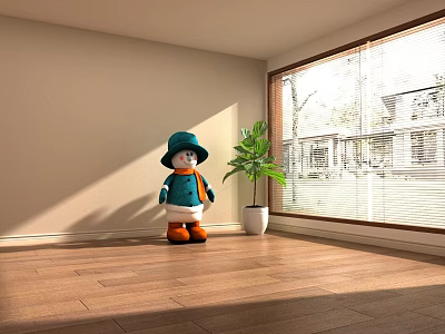Bright Room With Doll Wearing Green Hat Orange Boots And Potted Plant On Wooden Floor 3d model