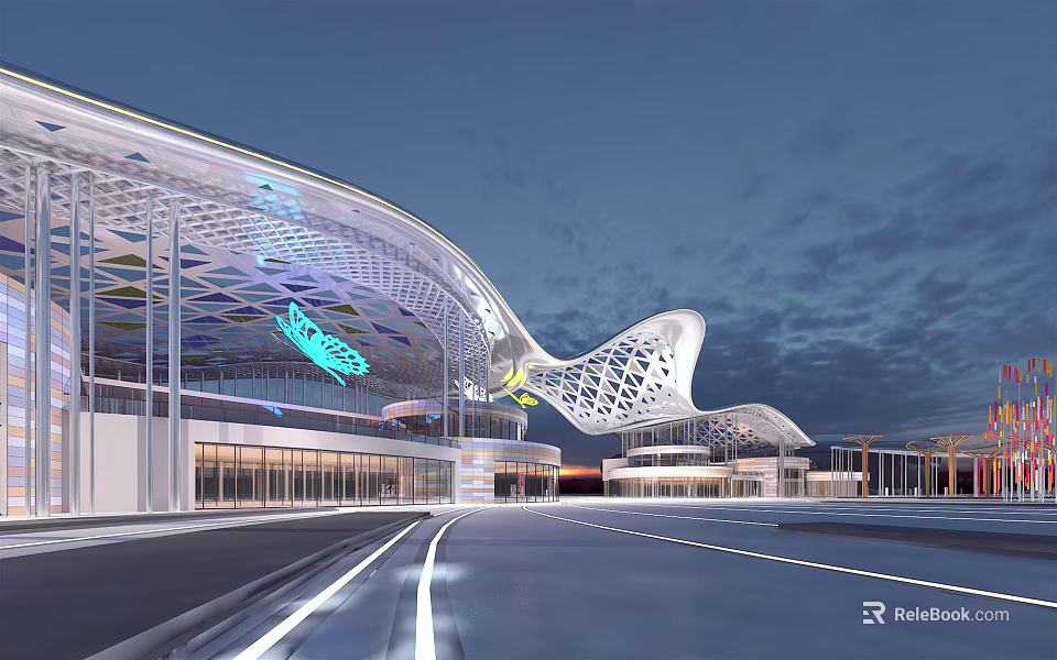 Modern Architectural Entrance Gate Design With Curved Steel Structure And Illuminated Glass Elements 3d model 