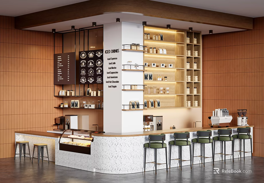 Stylish Modern Cafe Bar Counter With Terrazzo Surface Comfortable Stools And Large Display Shelves 3d model 