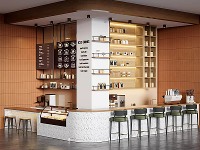Stylish Modern Cafe Bar Counter With Terrazzo Surface Comfortable Stools And Large Display Shelves 3d model