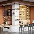 Stylish Modern Cafe Bar Counter With Terrazzo Surface Comfortable Stools And Large Display Shelves