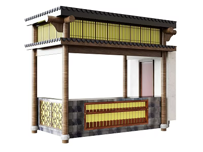 Traditional Chinese Style Reception Desk With Tile Roof Wooden Structure And Yellow Lattice Panels 3d model
