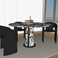 Modern Round Marble Top Dining Table Set With Black Chairs Patterned Pedestal White Walls Blinds 3d model